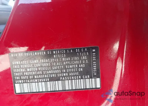 2016 Volkswagen Jetta 1.8T Sport z USA, uszkodzony, nr VIN 3VWD17AJ8GM285839